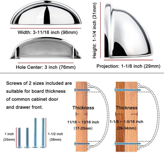 Bin Cup Drawer Pull - Polished Chrome Cabinet Handle, 76Mm / 3 Inch Screw Spacing (10 Pack) for Kitchen Cupboard Bedroom Dresser Bathroom Furniture Door