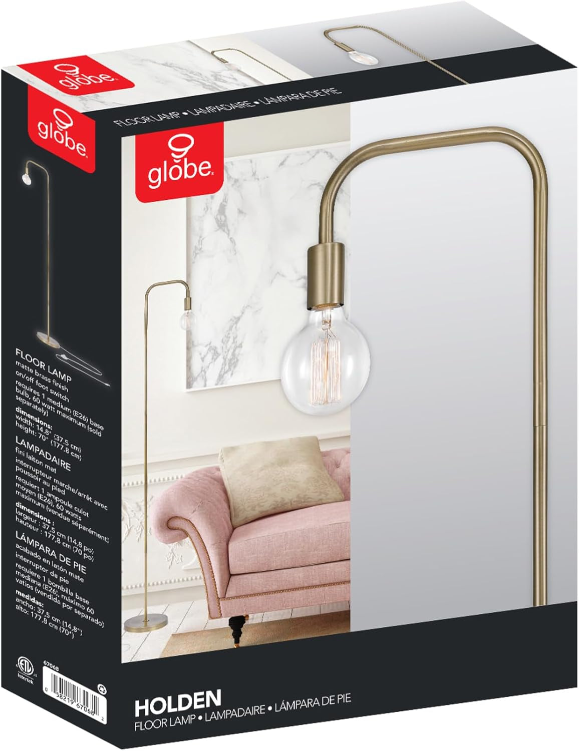 Electric 67068 Holden 70" Floor Lamp, Matte Brass, In-Line On/Off Foot Switch