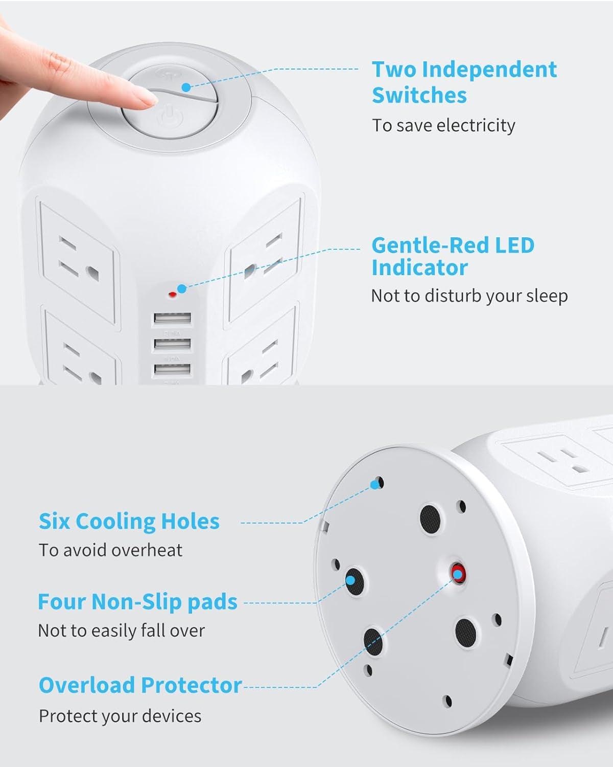 Tower Surge Protector Power Strip, 10 Ft Extension Cord with Multiple Outlets, 1050J Surge Protector, 8 Outlets 4 USB Ports Charging Station for Home Office Supplies Desk Accessories