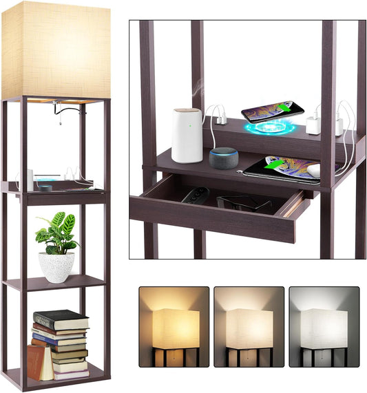 Floor Lamp with Shelves, Modern Standing Lamp with Wireless Charger, 1 Drawer and 2 USB Ports & 2 Power Outlet, 15W LED Bulb 3 Colors, Memory Function, Shelf Lamp for Living Room and Bedroom