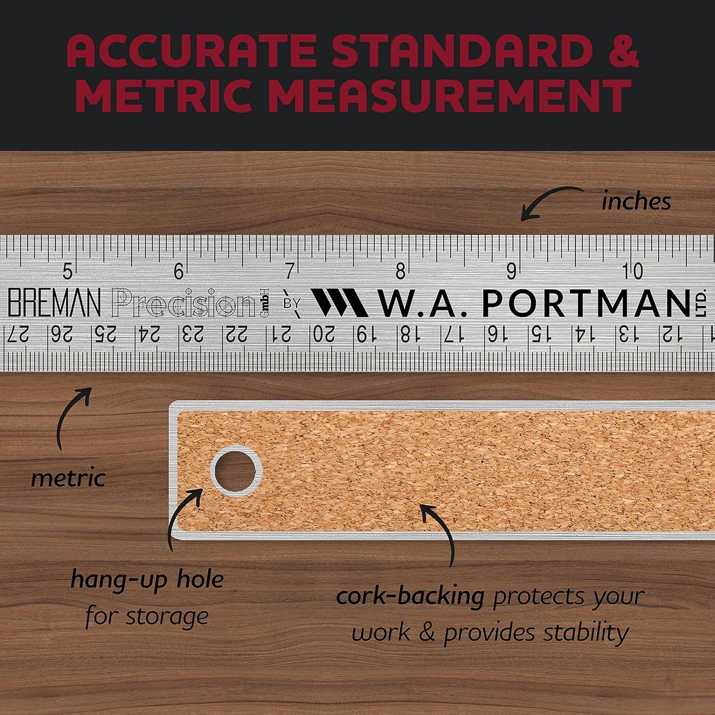 Metal Ruler 18 Inch Cork Back - Straight Edge 18 Inch Metal Ruler with Cork Backing - Flexible & Non-Slip Stainless Steel - Imperial & Metric Graduations for Precision Measuring