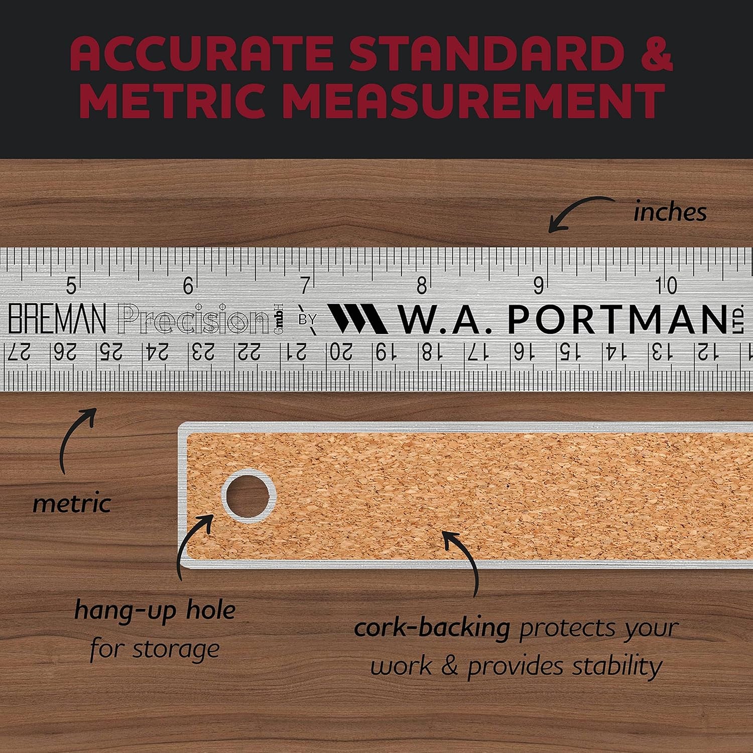 Metal Ruler 18 Inch Cork Back - Straight Edge 18 Inch Metal Ruler with Cork Backing - Flexible & Non-Slip Stainless Steel - Imperial & Metric Graduations for Precision Measuring