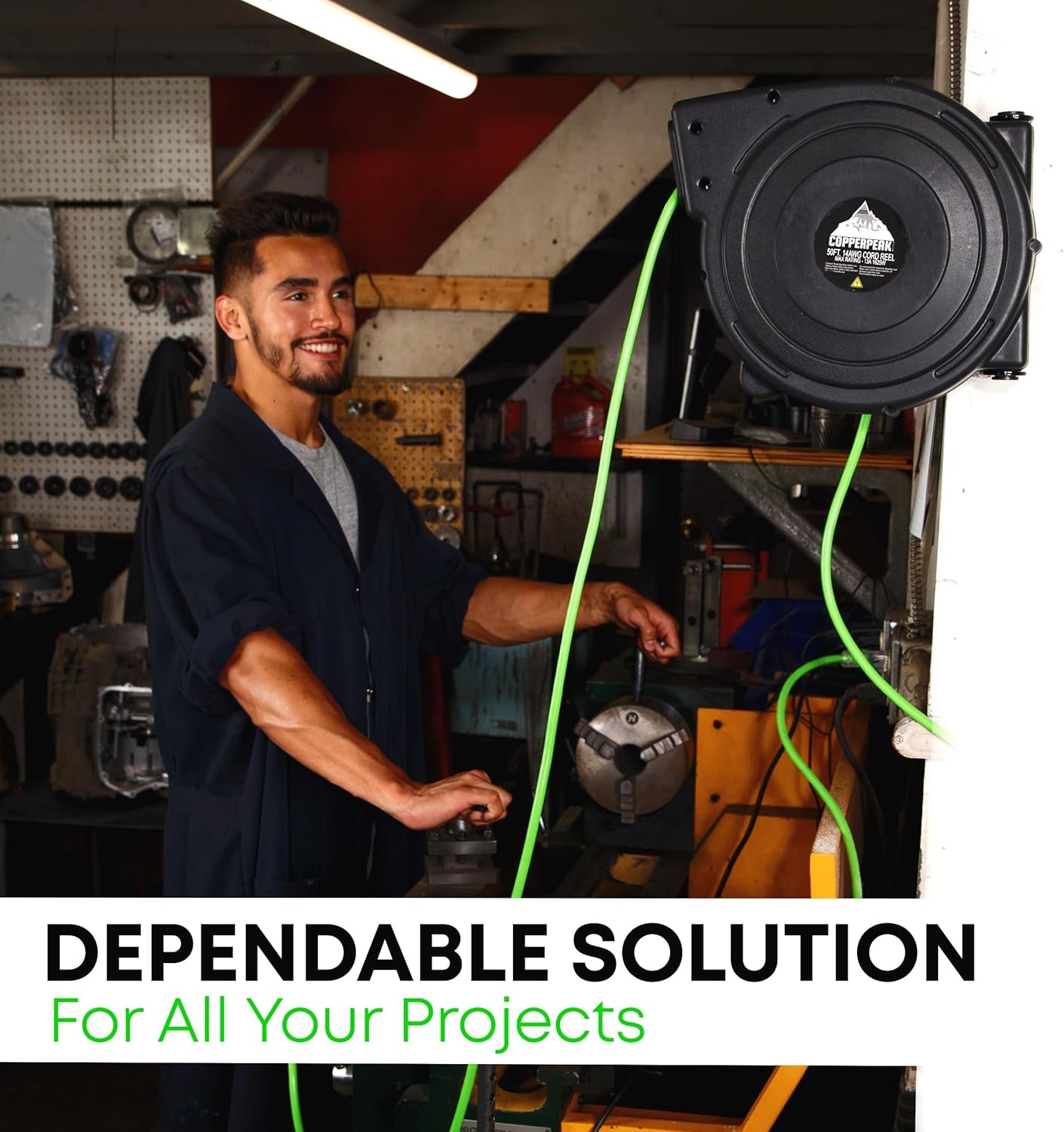 Retractable Extension Cord Reel - 50 Ft 14AWG- 3 Electric Power Outlets - Ceiling or Wall Mount - Green and Grey