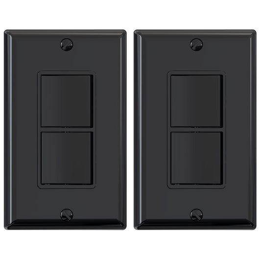 Decorator Double Rocker Light Switch, Two Single Pole Electrical Paddle, 15A 120V, In-Wall On/Off, Self-Grounding, Wall Plate Included, UL Listed (2 Pack, Glossy Black)