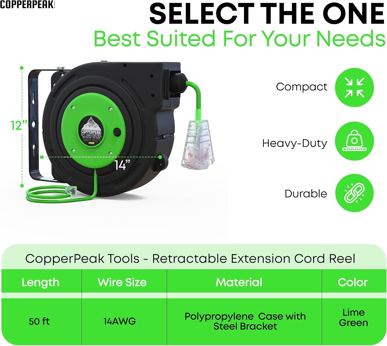 Retractable Extension Cord Reel - 50 Ft 14AWG- 3 Electric Power Outlets - Ceiling or Wall Mount - Green and Grey