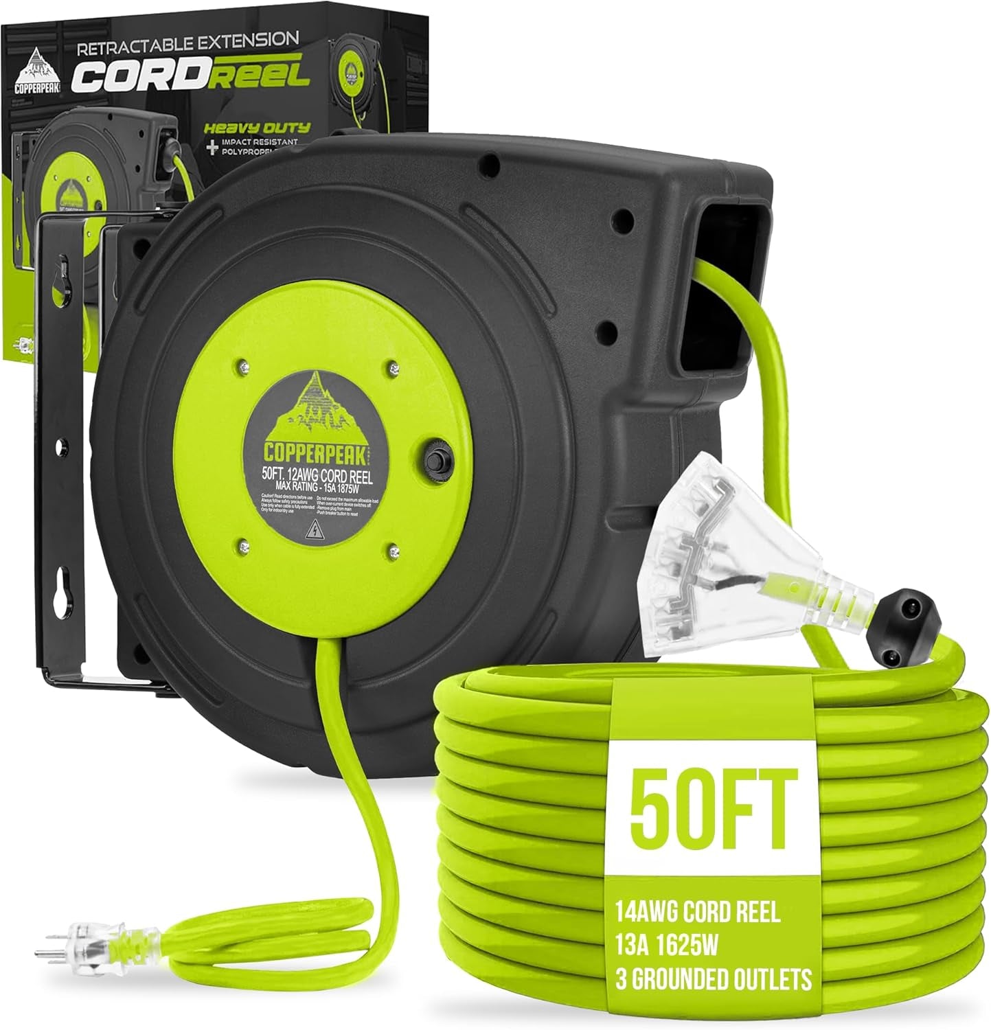 Retractable Extension Cord Reel - 50 Ft 14AWG- 3 Electric Power Outlets - Ceiling or Wall Mount - Green and Grey