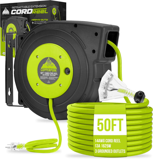 Retractable Extension Cord Reel - 50 Ft 14AWG- 3 Electric Power Outlets - Ceiling or Wall Mount - Green and Grey