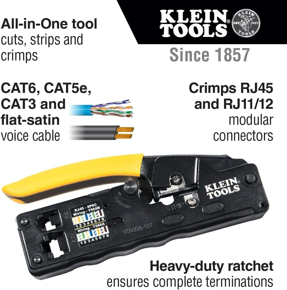 VDV226-107 Compact Ratcheting Modular Data Cable Crimper / Wire Stripper / Wire Cutter, CAT6, CAT5, CAT3, Flat-Satin Voice Cable