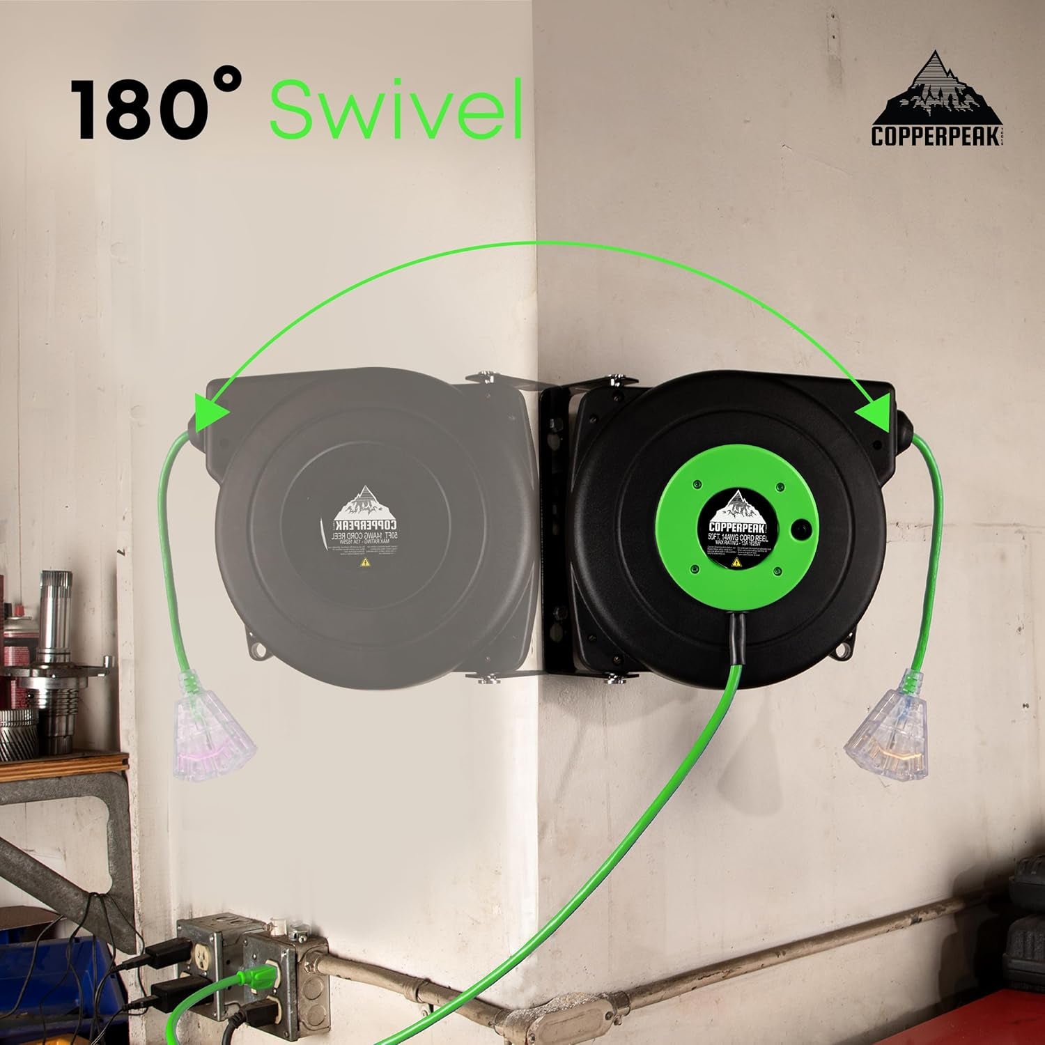 Retractable Extension Cord Reel - 50 Ft 14AWG- 3 Electric Power Outlets - Ceiling or Wall Mount - Green and Grey