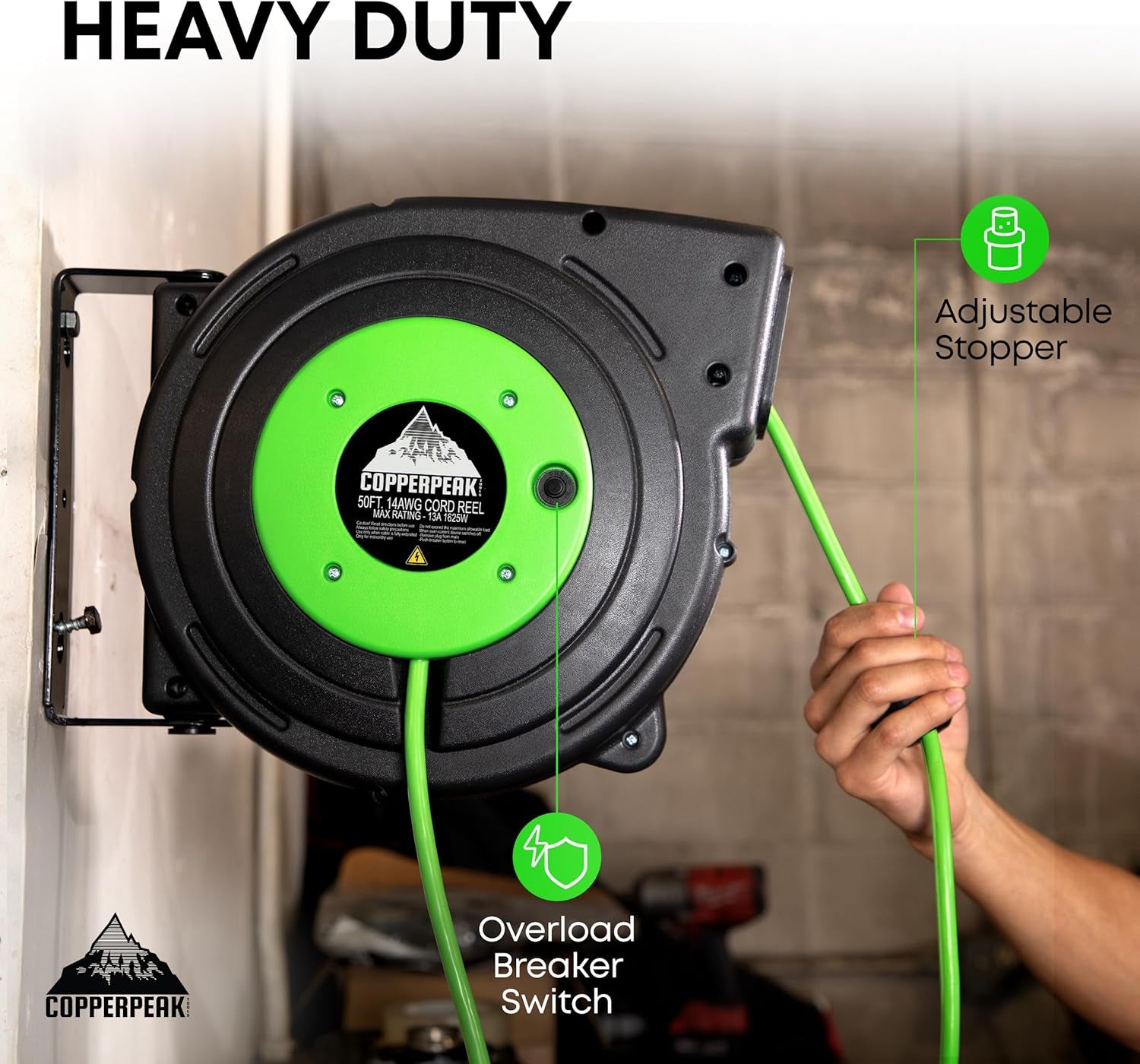 Retractable Extension Cord Reel - 50 Ft 14AWG- 3 Electric Power Outlets - Ceiling or Wall Mount - Green and Grey