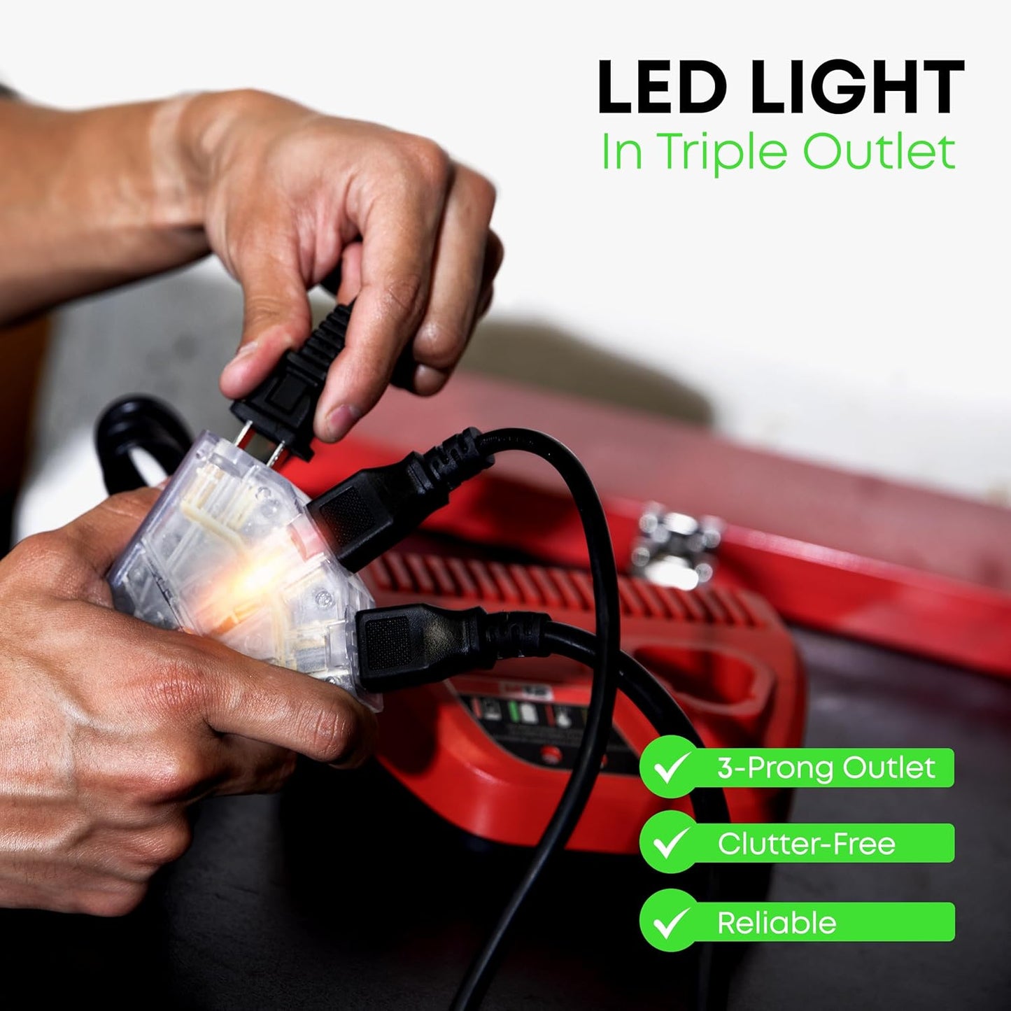 Retractable Extension Cord Reel - 50 Ft 14AWG- 3 Electric Power Outlets - Ceiling or Wall Mount - Green and Grey